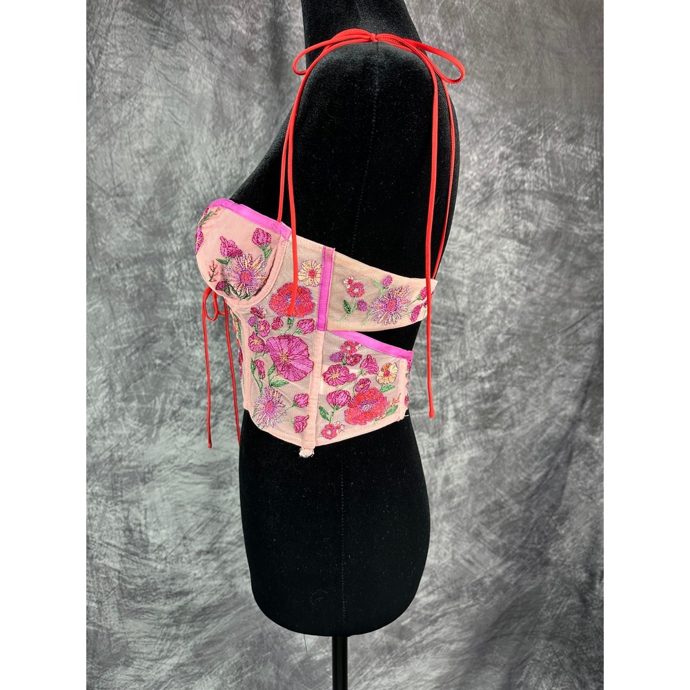 For Love & Lemons Kaylee Crop Bustier Corset Women Small Pink Floral Embroidered - Picture 3 of 9